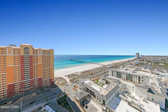 drone / aerial view with a view of the beach and a water view