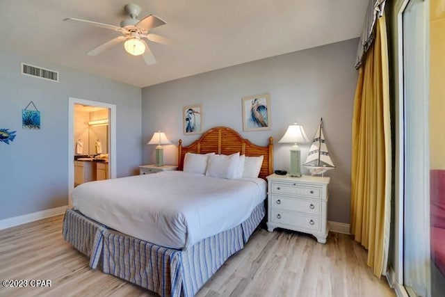 bedroom with connected bathroom, light hardwood / wood-style floors, and ceiling fan