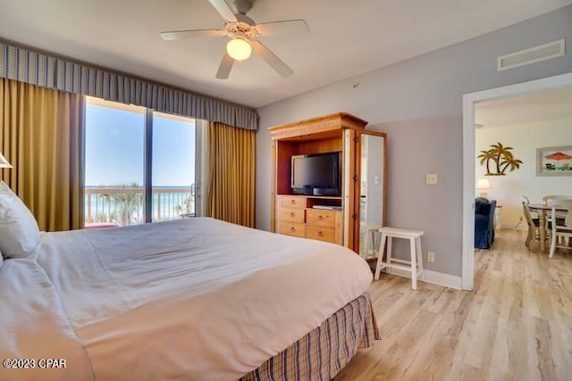 bedroom featuring ceiling fan, access to outside, and light wood-type flooring