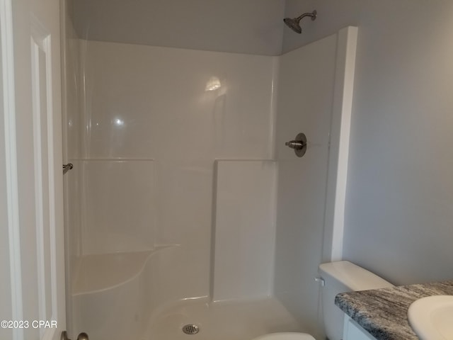 bathroom with walk in shower, toilet, and vanity