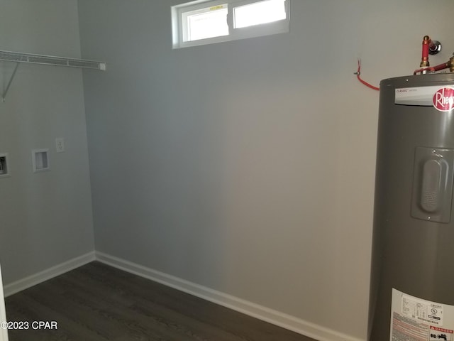 clothes washing area with electric water heater and dark hardwood / wood-style floors