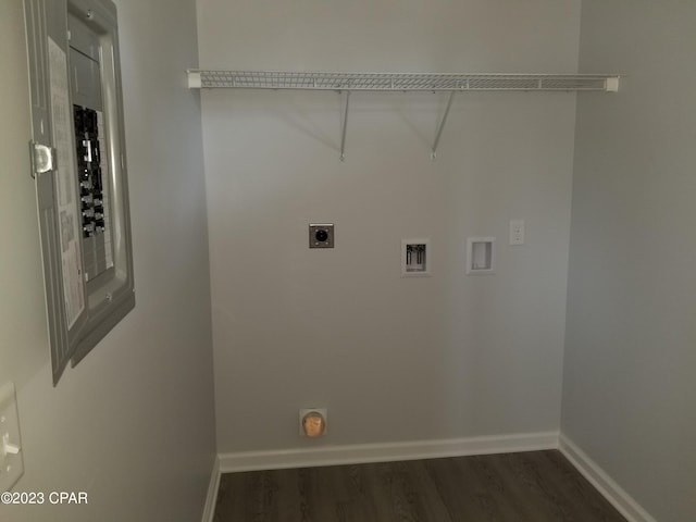 washroom featuring hookup for a washing machine, electric dryer hookup, and dark wood-type flooring