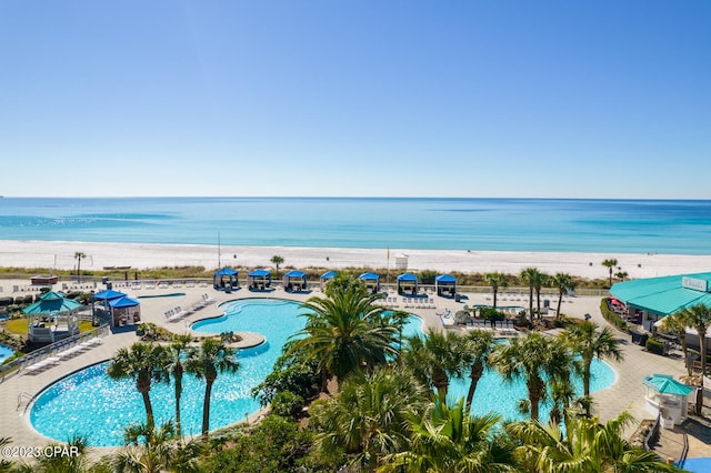 view of water feature with a beach view