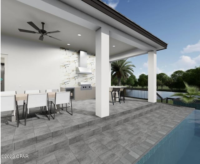 view of patio featuring exterior kitchen and ceiling fan