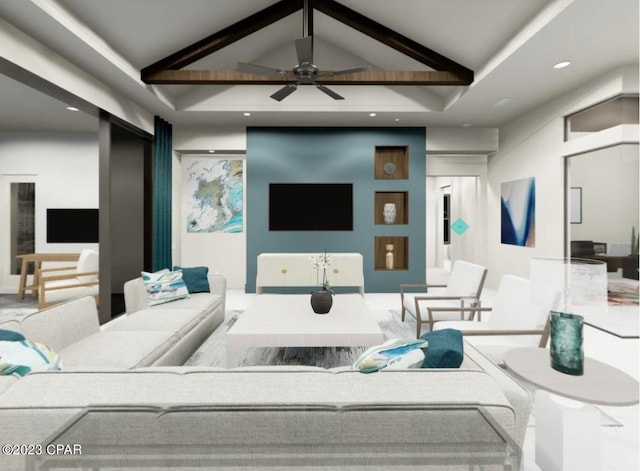 living room featuring lofted ceiling with beams and ceiling fan