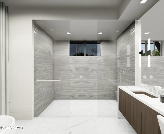 bathroom featuring toilet, tile flooring, and vanity