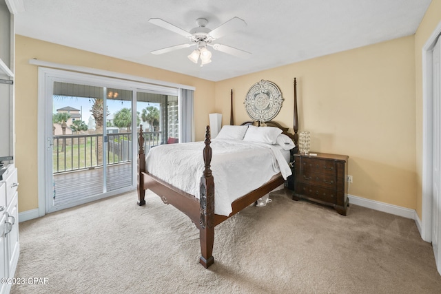 bedroom with light carpet, ceiling fan, and access to outside