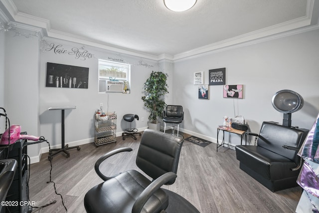 office area featuring crown molding and dark hardwood / wood-style flooring