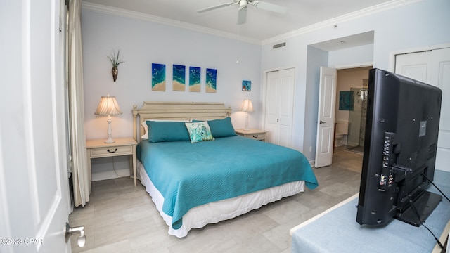 bedroom featuring light tile floors, ornamental molding, and ceiling fan