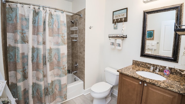 full bathroom with vanity, toilet, and shower / bathtub combination with curtain