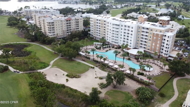 drone / aerial view with a water view