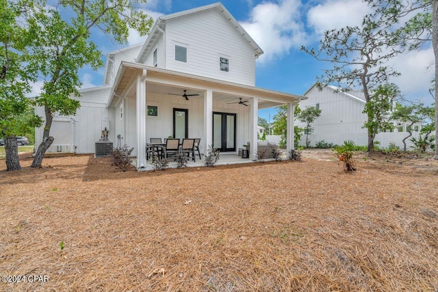 back of house featuring a patio area, ceiling fan, and central AC unit