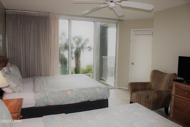 bedroom with ceiling fan, access to exterior, and light tile flooring