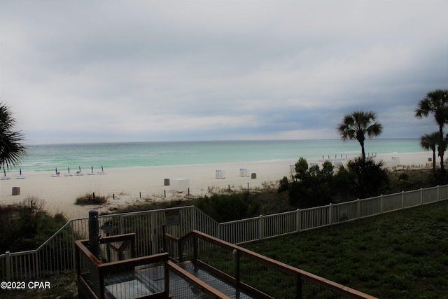 view of water feature with a beach view