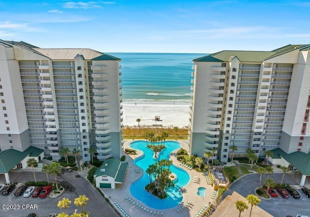 exterior space featuring a beach view