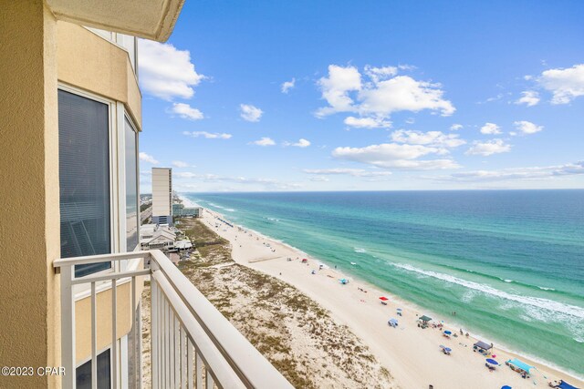 view of water feature with a beach view