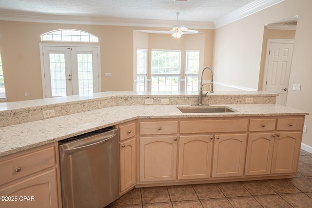 3522 Fox Run Blvd, Panama City, FL 32408 - kitchen with crown molding, a sink, light tile patterned floors, dishwasher, and ceiling fan