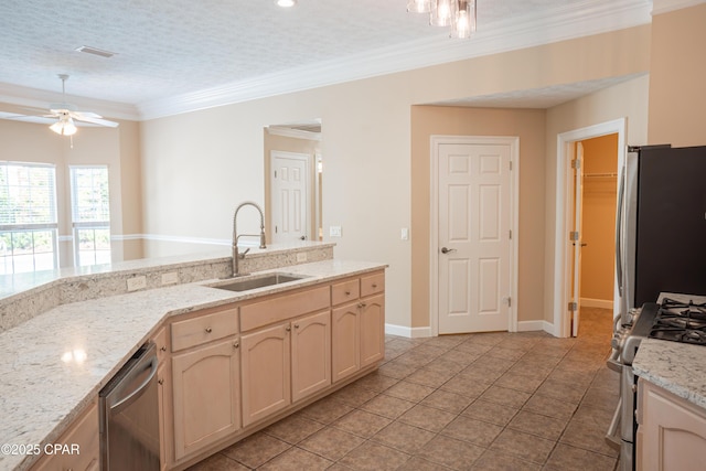 3522 Fox Run Blvd, Panama City, FL 32408 - kitchen featuring a ceiling fan, a sink, appliances with stainless steel finishes, ornamental molding, and visible vents