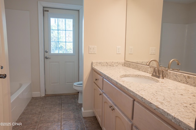 3522 Fox Run Blvd, Panama City, FL 32408 - full bathroom with a bathing tub, vanity, a shower, baseboards, and toilet