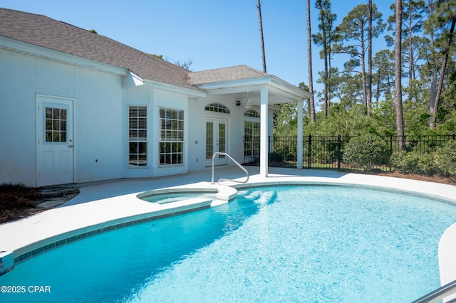 3522 Fox Run Blvd, Panama City, FL 32408 - view of pool featuring ceiling fan, a patio area, french doors, fence, and a pool with connected hot tub