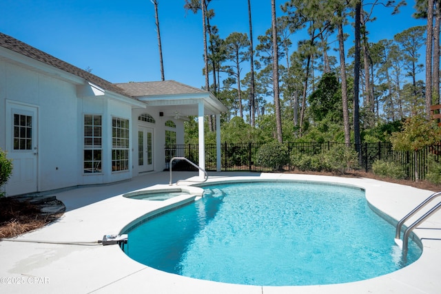 3522 Fox Run Blvd, Panama City, FL 32408 - view of pool featuring ceiling fan, a patio area, french doors, fence, and a pool with connected hot tub