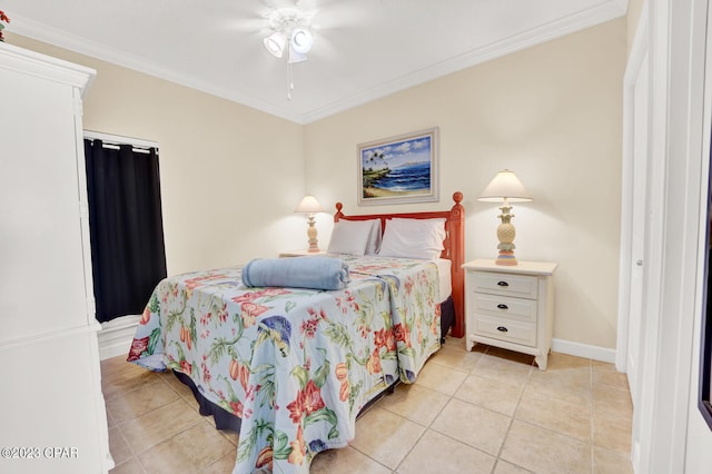 tiled bedroom featuring ceiling fan and crown molding