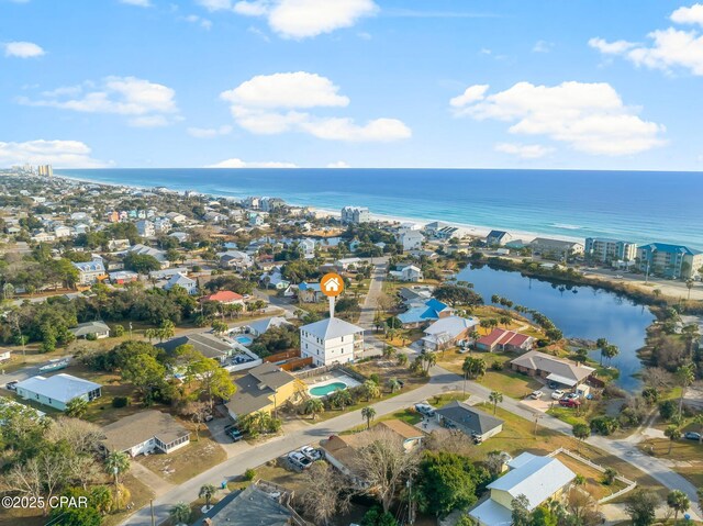 drone / aerial view with a water view