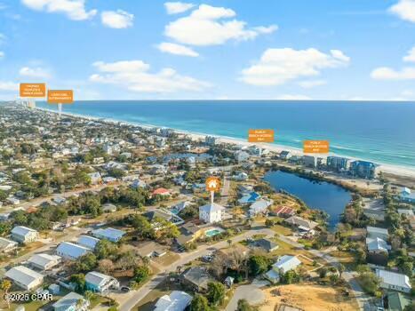 bird's eye view with a water view