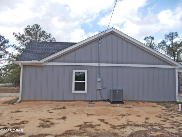 view of property exterior featuring roof with shingles and central AC unit