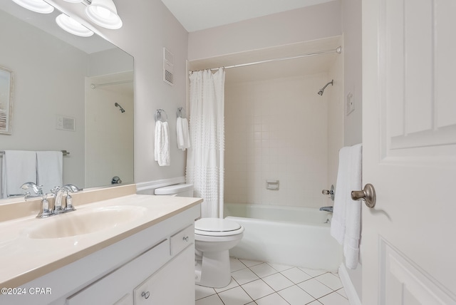 full bathroom with toilet, shower / tub combo, vanity, and tile patterned floors