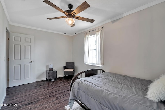 bedroom with crown molding, dark wood-type flooring, and ceiling fan