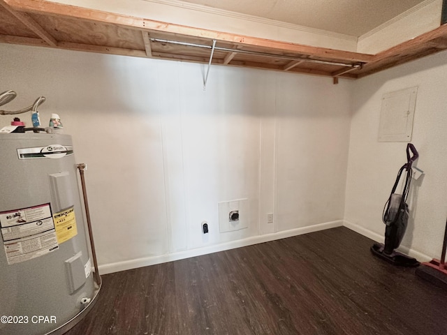 washroom with electric dryer hookup, dark hardwood / wood-style flooring, electric panel, and water heater