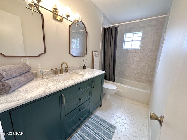 full bathroom featuring shower / bath combination with curtain, vanity, toilet, and tile patterned flooring