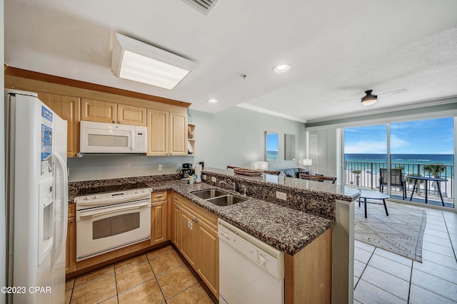 kitchen with dark stone counters, kitchen peninsula, a water view, white appliances, and crown molding