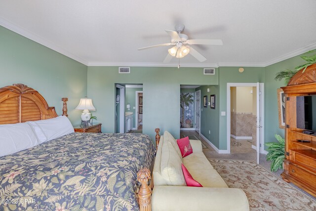 bedroom featuring ceiling fan, light colored carpet, connected bathroom, and ornamental molding