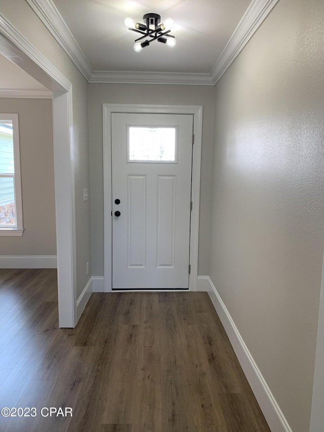 doorway to outside with dark hardwood / wood-style flooring, ornamental molding, and a healthy amount of sunlight