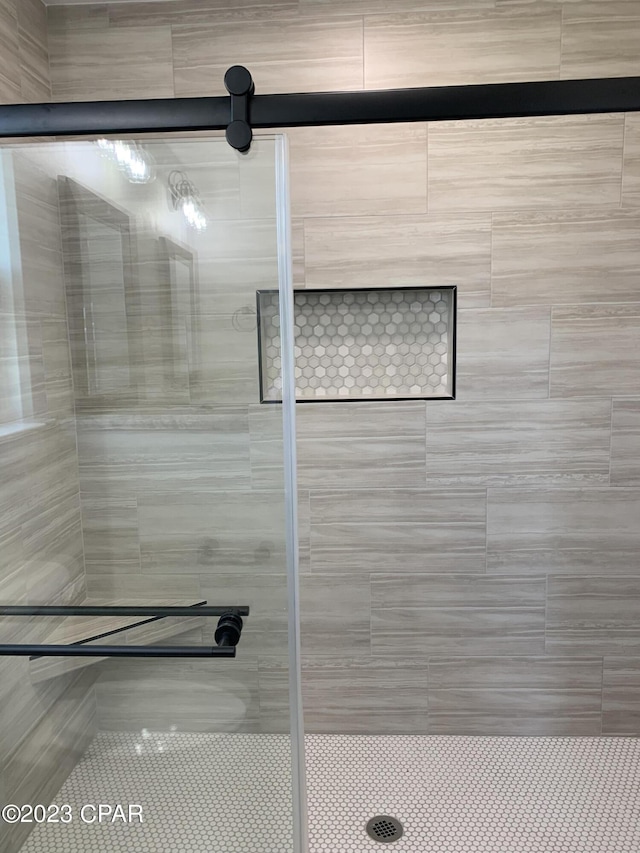 bathroom featuring a shower with shower door