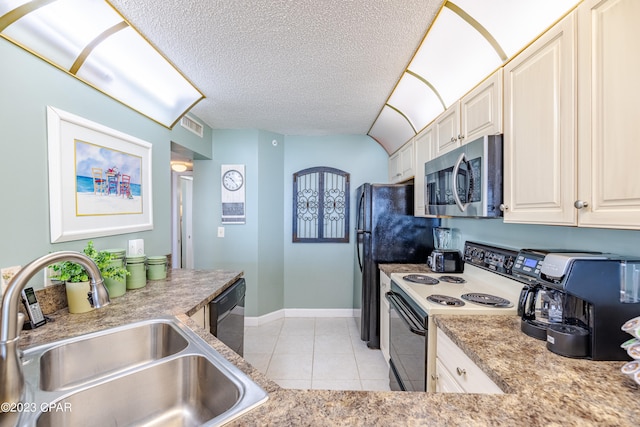 kitchen featuring white electric stove, sink, light tile floors, black dishwasher, and a textured ceiling