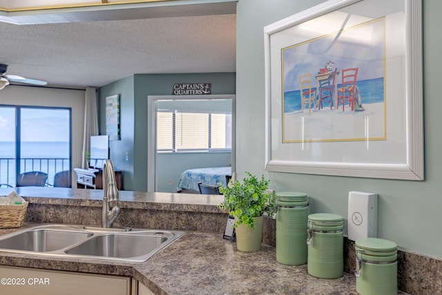 kitchen featuring a textured ceiling, ceiling fan, and sink