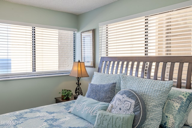 bedroom featuring a textured ceiling and multiple windows