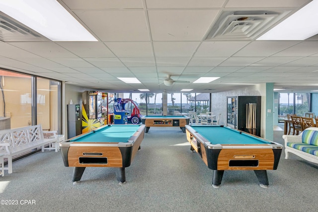 playroom with a paneled ceiling, pool table, and ceiling fan