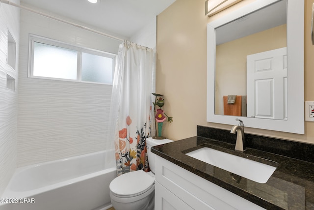 full bathroom with shower / bathtub combination with curtain, toilet, and vanity