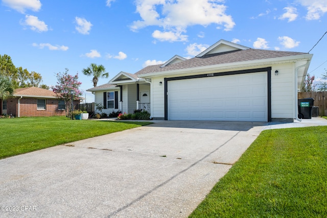 ranch-style home with a garage and a front yard