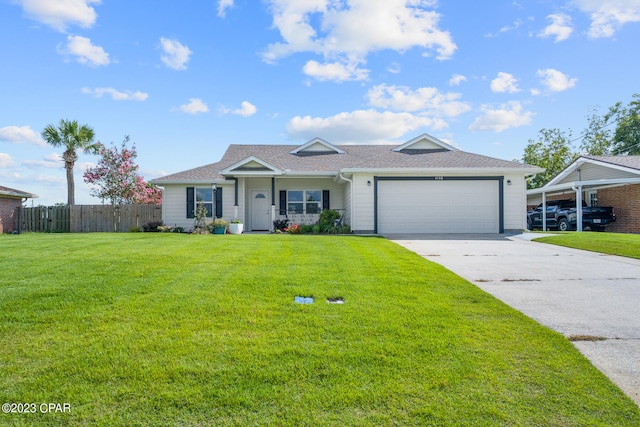 ranch-style house with a garage, a front yard, and a carport