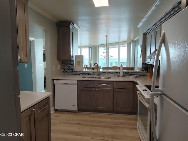 kitchen featuring ornamental molding, white appliances, light countertops, and a sink