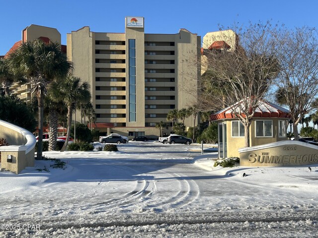 view of snow covered building