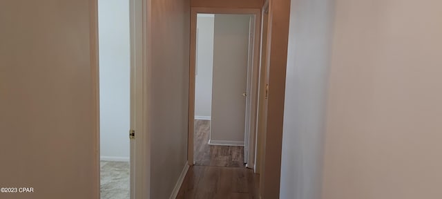 hallway with dark colored carpet