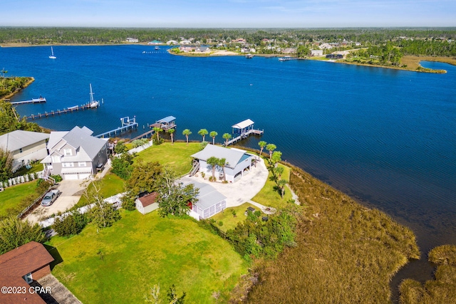 aerial view featuring a water view