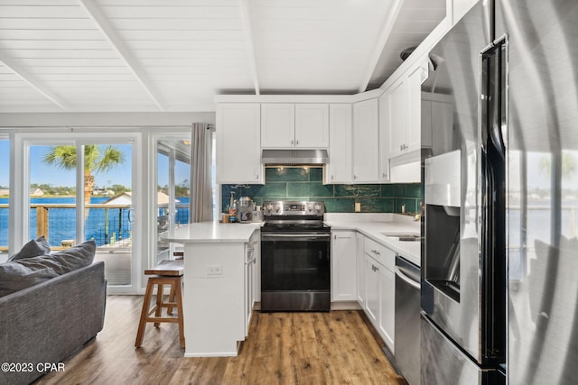 kitchen with backsplash, light hardwood / wood-style floors, stainless steel appliances, and a healthy amount of sunlight