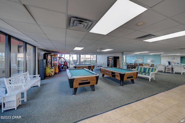 playroom featuring carpet flooring, a drop ceiling, and billiards